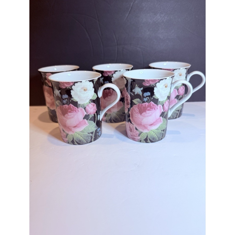Stechcol Gracie Bone China Rose Floral Coffee Mugs Set of 5 Black Pink Tea Cups